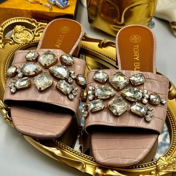🆕 TORY BURCH 🧿 NWOT Martine 25mm Slides, Pink Croc Embossed Crystal, Sz 7 - Picture 4 of 16